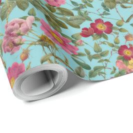 Papel de Presente Vintage Wild Rose em Azul Piscin