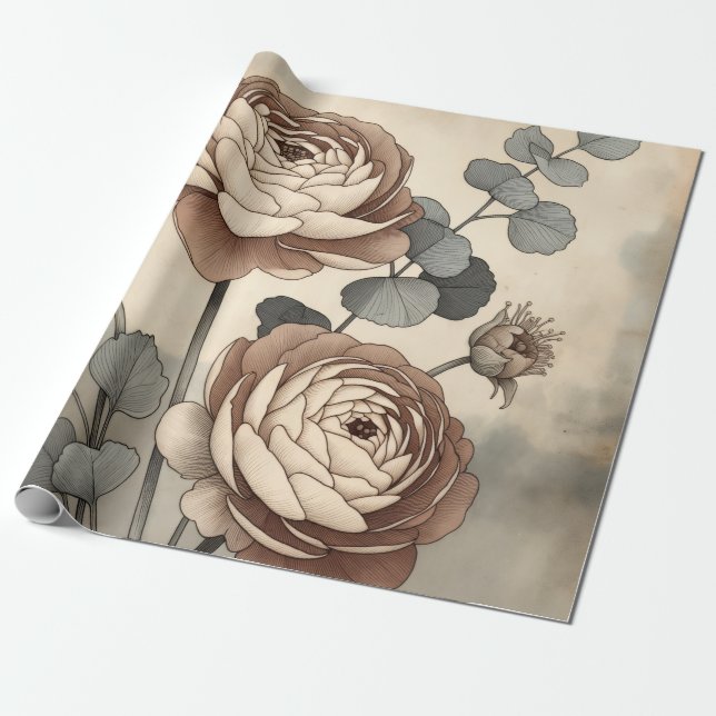 Papel De Presente Vintage Wildflower Botanical Wrapping Paper (Desenrolado)