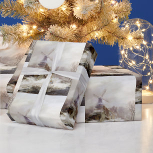 Papel De Presente Vintage Winter Windmill Snowscape e Paisagem