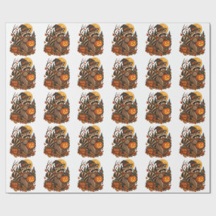 Papel De Presente Vintage Witch Mapache Halloween Abóbora Outono Out
