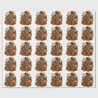 Papel De Presente Vintage Witch Mapache Halloween Abóbora Outono Out