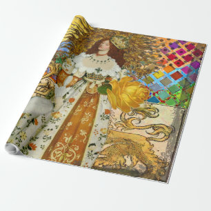 Papel De Presente Vintage Woman Ouro Sun: Leo Zodiac Collage Art