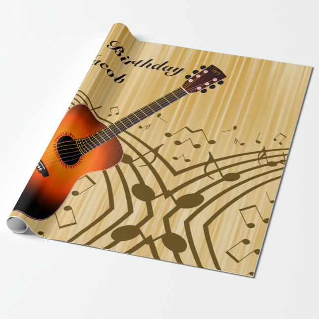 Papel De Presente Violão Personalizado e Notas Musicais Aniversário (Desenrolado)
