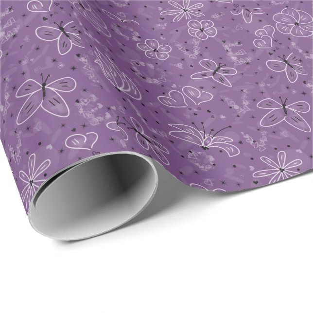 Papel De Presente Violet Mauve Butterfly AMVE - padrão perfeito. (Ponta do rolo)