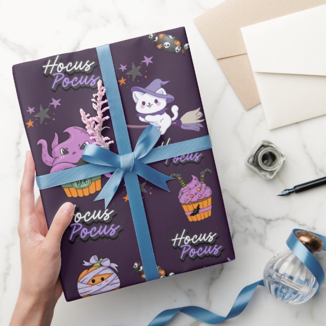 Papel De Presente violeta escura Hocus Pocus Feiticeiro Gato Hallowe (Presentear)