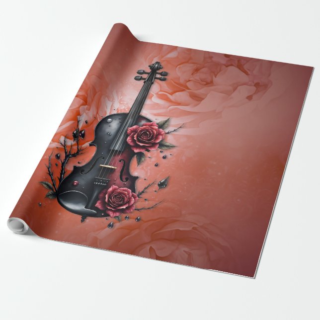 Papel De Presente Violino preto gótico com rosas vermelhas (Desenrolado)
