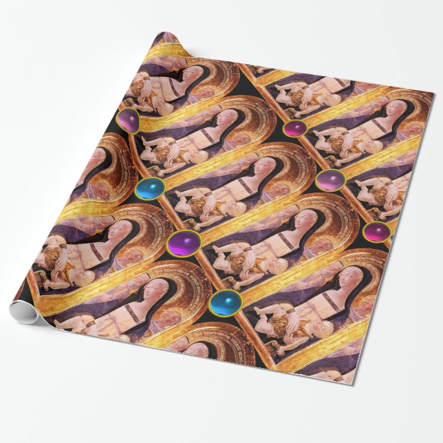 PAPEL DE PRESENTE VIRGEM E CRIANÇA COM AZUL, PINCO, GEMSTONAS PURPAS (Desenrolado)