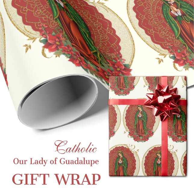 Papel De Presente Virgem Guadalupe Católica de Natal Pointsettia (Catholic Our Lady of Guadalupe Gift Wrap with red poinsettias)