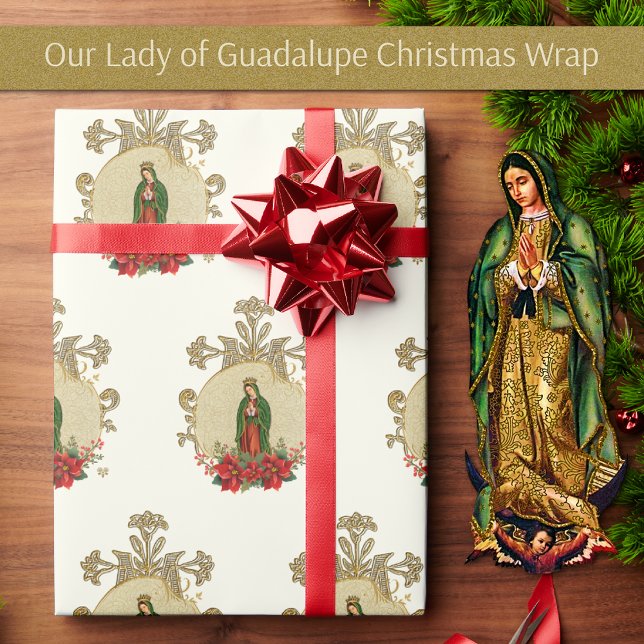 Papel De Presente Virgem Natal Mary Guadalupe Wrappaper (Our Lady of Guadalupe Christmas Wrapping Paper with poinsettias)