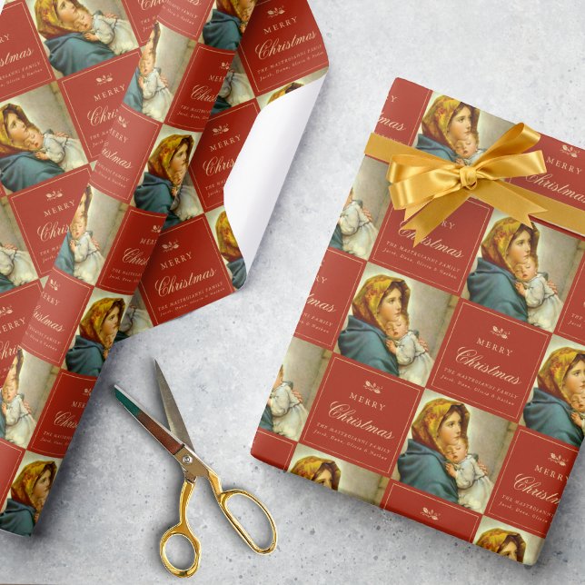 Papel De Presente Virgem Religiosa Tradicional Maria e Jesus Católic (Madonna & Child Christmas gift wrap in red and gold for Catholics and Christians)