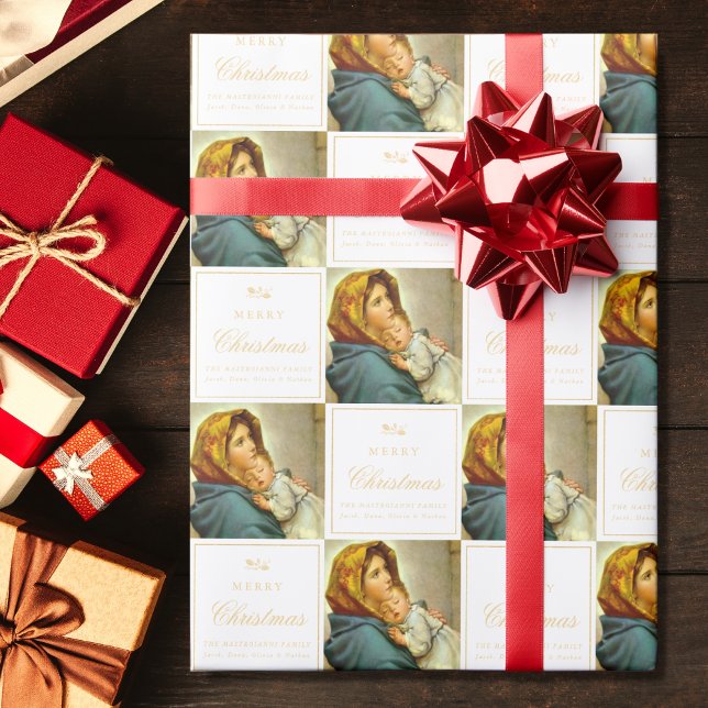 Papel De Presente Virgem Religiosa Tradicional Maria e Jesus Católic (Madonna & Child religious Christmas gift wrap in white and gold)