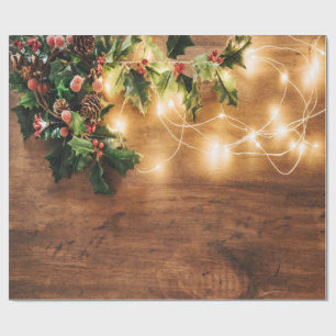 Papel De Presente Visco de Natal Verde,Luzes de Corda, Madeira de Na