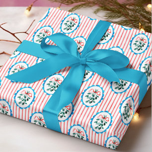 Papel De Presente Viscolete de Natal com Laço Vermelho e Listras de