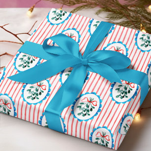 Papel De Presente Viscolete de Natal com Laço Vermelho e Listras de