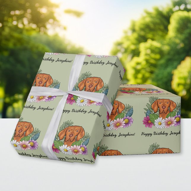 Papel De Presente Vizsla Húngara Verão Floral Feliz Aniversário (Criador carregado)
