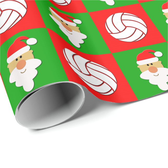 Papel De Presente Voleibol e Santa Cláusula Natal Vermelho e Verde (Ponta do rolo)
