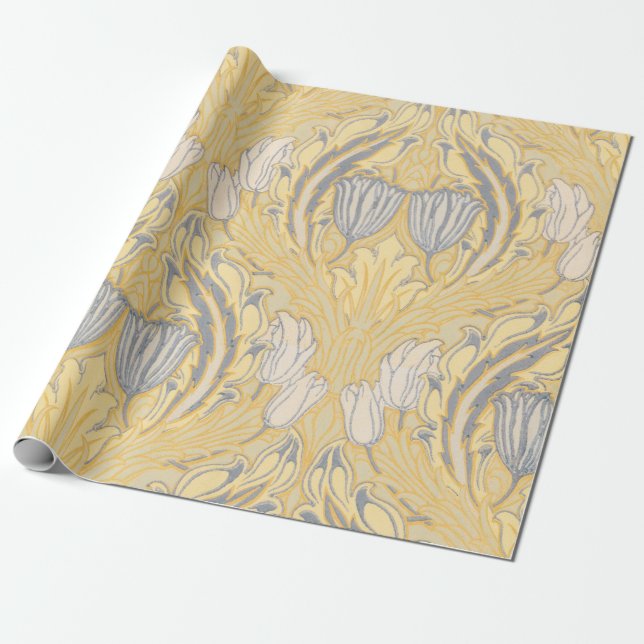 Papel De Presente Walter Crane Blue Tulipes & Acanthus (Desenrolado)