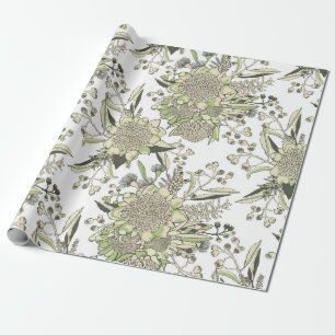Papel De Presente Waratah & Gumnut Eucalyptus - Verde E Branco