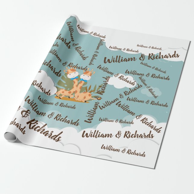 Papel De Presente Watercolor Baby Giraffe, Safari gêmeos Aniversário (Desenrolado)