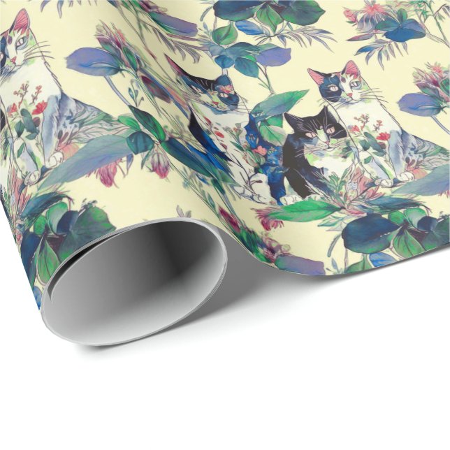 Papel De Presente Watercolor Cats in a Garden (Ponta do rolo)