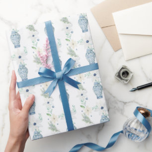 Papel De Presente Watercolor Chinoiserie Blue Floral Ginger Jars