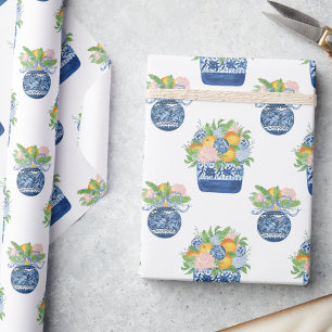 Papel De Presente Watercolor Chinoiserie Mandarins & Hydrangeas
