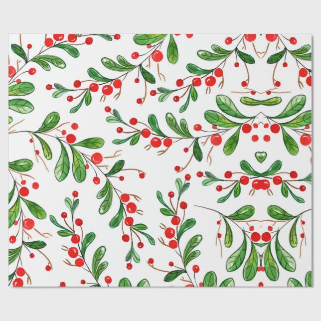 Papel De Presente Watercolor Christmas Berries Foliage Country (Aberto)