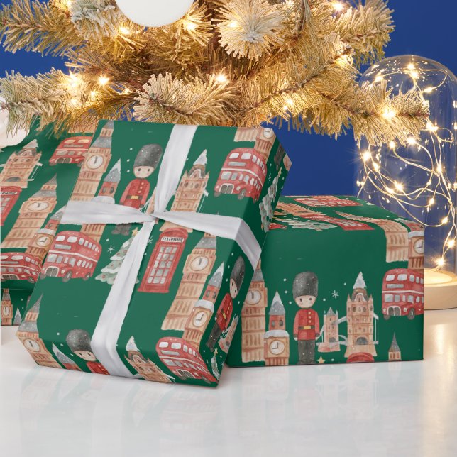 Papel De Presente Watercolor Christmas in London Wrapping Paper  (Feriados)
