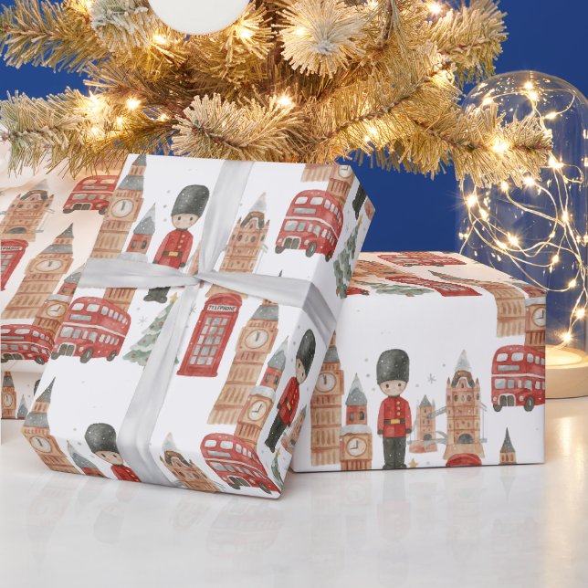 Papel De Presente Watercolor Christmas in London Wrapping Paper  (Feriados)