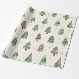 Papel De Presente Watercolor Christmas Trees Snowflakes Holiday