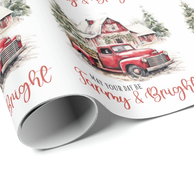 Papel De Presente Watercolor Christmas Vintage Truck and Barn (Ponta do rolo)