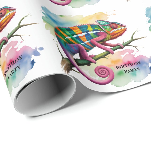 Papel De Presente Watercolor Colorful Chameleon Birthday Party (Ponta do rolo)