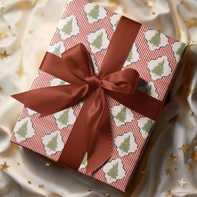 Papel De Presente Watercolor Coquette Christmas Tree Striped Pattern (Criador carregado)