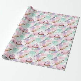 Papel De Presente Watercolor Cupcake Pattern Pastel Pink