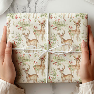 Papel De Presente Watercolor Deer Winter Greenery