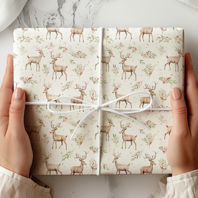 Papel De Presente Watercolor Deer Winter Greenery (Criador carregado)