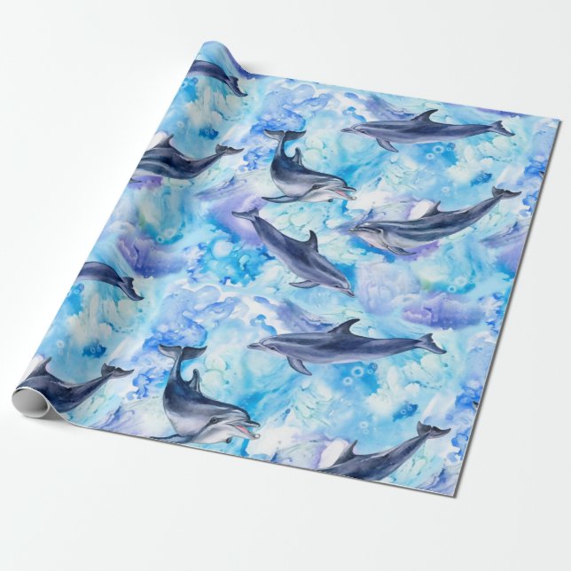Papel De Presente watercolor dolphin fish seamless pattern (Desenrolado)