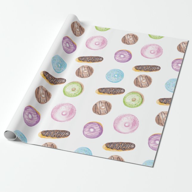 Papel De Presente Watercolor Eclairs Rosquinhas Fundo Whimiscal Swee (Desenrolado)