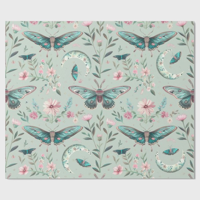 Papel De Presente Watercolor Floral Green Moths (Aberto)