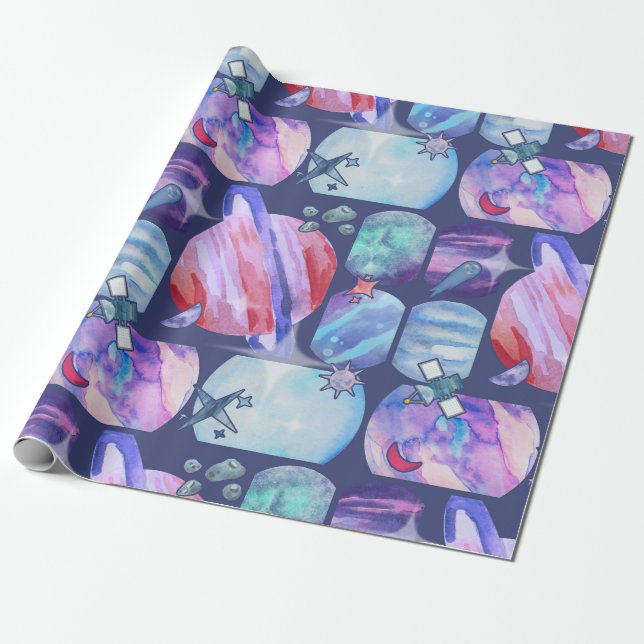 Papel De Presente Watercolor Galaxy Patchwork (Desenrolado)