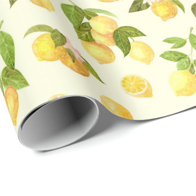 Papel De Presente Watercolor Lemon Branches with Blossoms Pattern (Ponta do rolo)