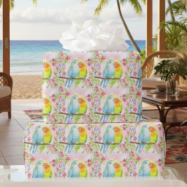 Papel De Presente Watercolor Love Birds with Pink Flowers