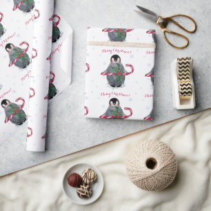 Papel De Presente Watercolor Penguin Felry Christmas