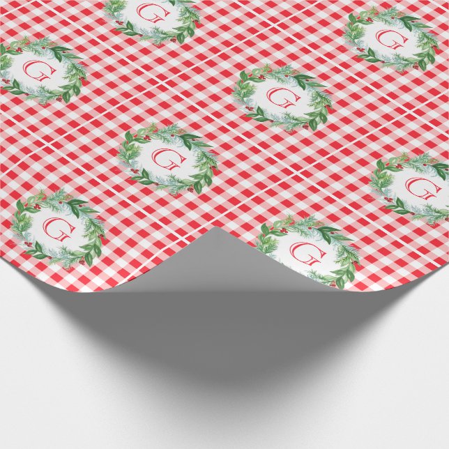 Papel De Presente Watercolor Pine Wreath MONOGRAM Red Check (Ponta)