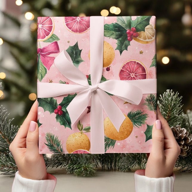 Papel De Presente Watercolor Pink Citrus Christmas  (Criador carregado)