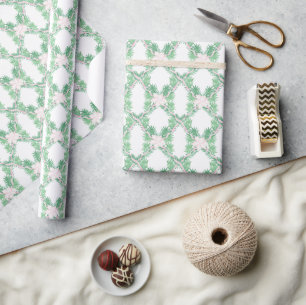 Papel De Presente Watercolor Pink e Green Christmas Garland