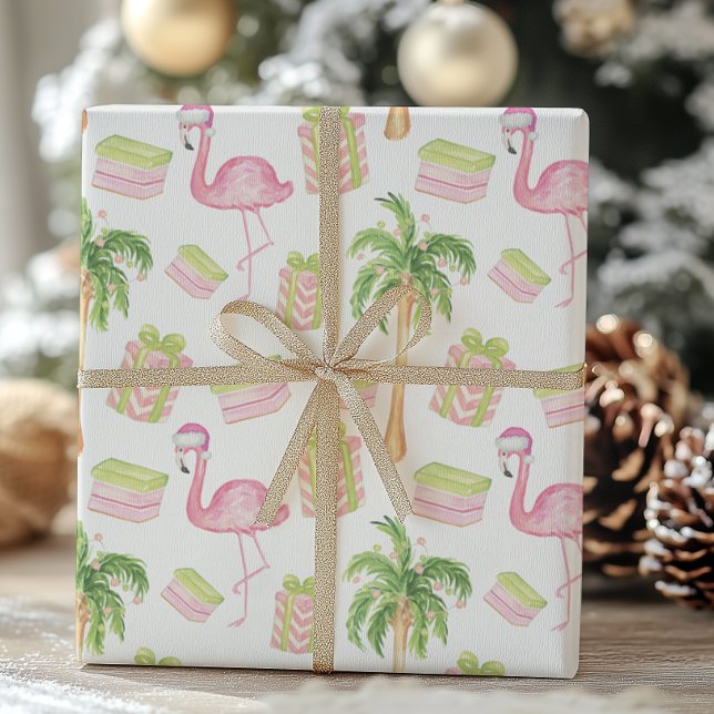 Papel De Presente Watercolor Pink Flamingo Beach Christmas (Criador carregado)