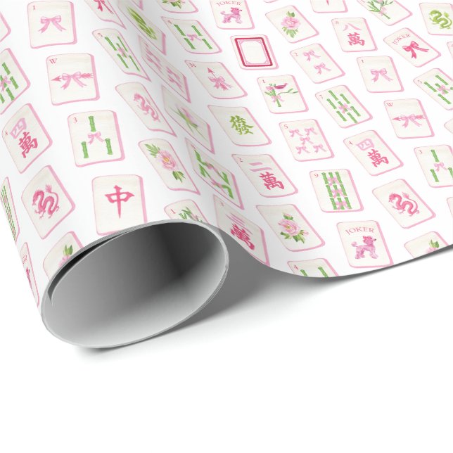 Papel De Presente Watercolor Pink & Green Bow Mahjong (Ponta do rolo)