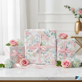 Papel De Presente Watercolor Pink Roses Blue Floral Ribbons & Bows