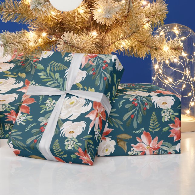 Papel De Presente Watercolor Poinsettia Feriado Floral (Feriados)